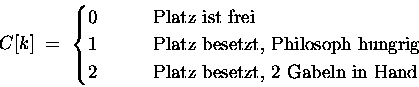 $C[k] \;=\; \begin{cases}0 & \hspace{2em}\text{Platz ist frei} \\
1 & \hspace{...
...} \\
2 & \hspace{2em}\text{Platz besetzt, 2 Gabeln in Hand} \\
\end{cases} $