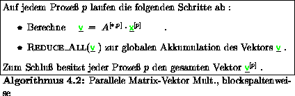 \begin{algorithmus}% latex2html id marker 8305
\caption{Parallele Matrix-Vektor ...
...r~$\underline{{\ensuremath{\color{green} {\sf v}} }}^{[p]}$ .
\end{algorithmus}