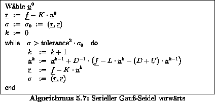 \begin{algorithmus}% latex2html id marker 17060
[H]\caption{Serieller Gau\ss{}-S...
... \\
\multicolumn{3}{l}{ \mbox{\textbf{\sf end}}}
\end{array}$\end{algorithmus}