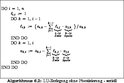 \begin{algorithmus}% latex2html id marker 26968
\caption{LU-Zerlegung ohne Pivot...
...ce \\ [-1ex]
\> END DO \\
END DO
\end{tabbing}\hfill\mbox{}
\end{algorithmus}