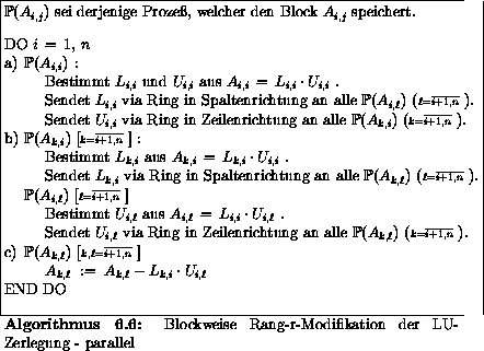 \begin{algorithmus}% latex2html id marker 27200
\caption{Blockweise Rang-r-Modif...
...ot U_{i,\ell}$\space \\
END DO
\end{tabbing}\mbox{}\\ [-5ex]
\end{algorithmus}