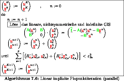 \begin{algorithmus}% latex2html id marker 30396
[H]
\caption{Linear implizite F...
...emath{\color{red} \mathfrak{p} } }}^{n+1} \end{pmatrix}
$\\
\end{algorithmus}