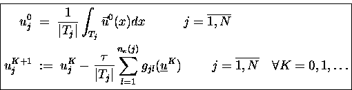 \begin{displaymath}
\boxed{
\begin{split}
u_j^0 &\;=\; \frac{1}{\vert T_j\ver...
...makebox[0pt]{} \hspace{1em}\forall K=0,1,\ldots
\end{split} } \end{displaymath}