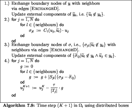 \begin{algorithmus}
% latex2html id marker 33411
[H]
\caption{Time step ($K+1$) ...
...box{\textbf{\sf od}} $ \end{minipage}\end{minipage}\end{center}\end{algorithmus}