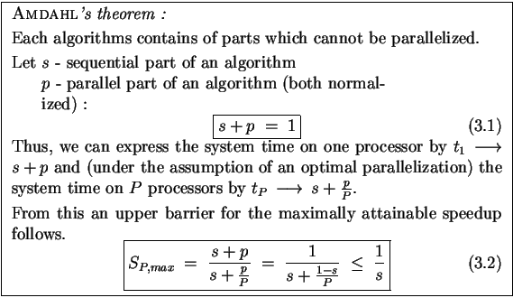 \fbox{
\begin{minipage}{0.98\textwidth}
\emph{{\sc Amdahl}'s theorem :} \ [0.5...
... \frac{1}{s+\frac{1-s}{P}}
\;\le\;\frac{1}{s}
}
\end{equation}\end{minipage}}