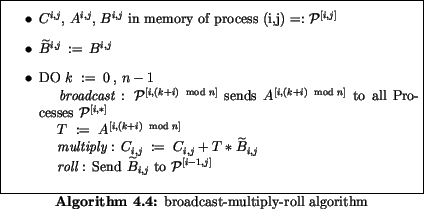 \begin{algorithmus}
% latex2html id marker 8653
[H]\caption{broadcast-multiply-r...
...B} \makebox[0pt]{}_{i,j}$\ to ${\cal P}^{[i-1,j]}$\end{itemize}\end{algorithmus}