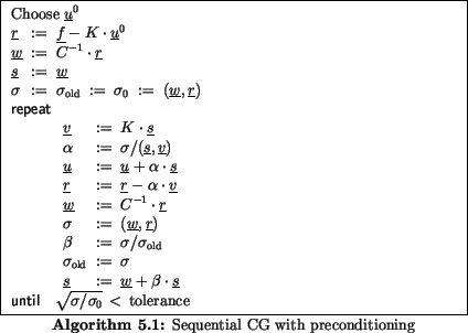 \begin{algorithmus}
% latex2html id marker 14179
[H]
\caption{Sequential CG with...
...ad\sqrt{\sigma/\sigma_0}\,<\,
\mathrm{tolerance}}
\end{array}$\end{algorithmus}