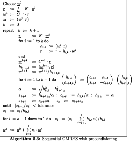\begin{algorithmus}
% latex2html id marker 14942
[H]
\caption{Sequential GMRES w...
...}^0 + \sum\limits_{i=1}^k z_i\cdot \underline{w}^j
\end{array}$\end{algorithmus}