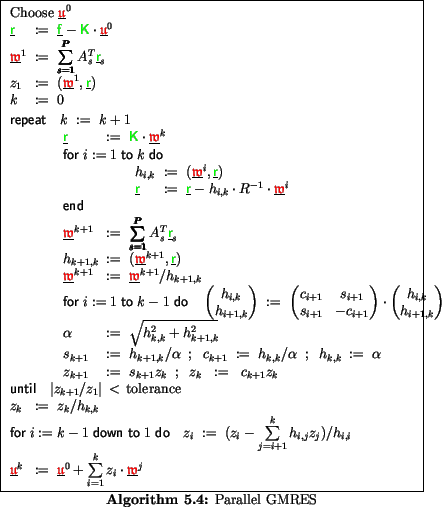 \begin{algorithmus}
% latex2html id marker 15107
[H]
\caption{Parallel GMRES} $ ...
...nderline{{\ensuremath{\color{red}\mathfrak{w}}}}^j
\end{array}$\end{algorithmus}