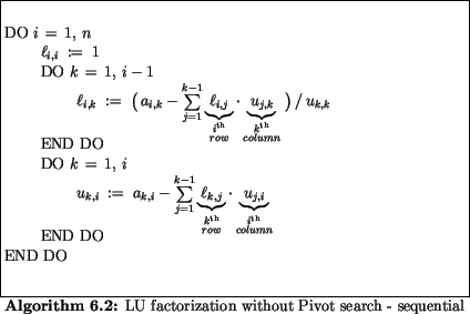 \begin{algorithmus}
% latex2html id marker 26928
\caption{LU factorization witho...
...$\ \\ [-1ex]
\> END DO \\
END DO
\end{tabbing}\hfill\mbox{}
\end{algorithmus}