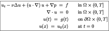 \begin{equation*}\boxed{ \begin{split}u_t - \nu\Delta u + \left( u\cdot \nabla \...
...0,T]\  u(x) \;=\; u_0(x) & \qquad \text{at} \; t=0 \end{split} }\end{equation*}