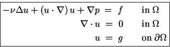\begin{equation*}\boxed{ \begin{split}- \nu \Delta u + \left( u\cdot \nabla \rig...
... \  u \;=\; g & \qquad \text{on} \; \partial\Omega \end{split} }\end{equation*}