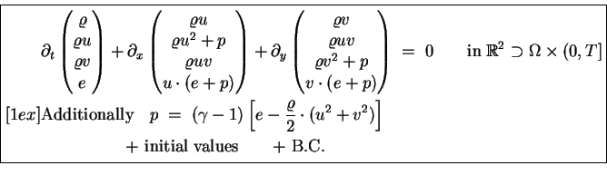 \begin{equation*}\boxed{ \begin{split}& \partial_t \begin{pmatrix}\varrho \  \v...
...d \qquad \quad \text{+ initial values\qquad + B.C.} \end{split} }\end{equation*}