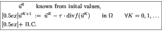 \begin{equation*}\boxed{ \begin{split}& \vec{u}^0 \qquad \text{known from inital...
...ad \forall K=0,1,\ldots \  [0.5ex] & \text{+ B.C.} \end{split} }\end{equation*}