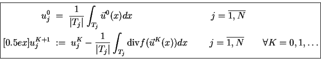 \begin{equation*}\boxed{ \begin{split}u_j^0 &\;=\; \frac{1}{\vert T_j\vert} \int...
...ne{1,N} \makebox[0pt]{} \qquad \forall K=0,1,\ldots \end{split} }\end{equation*}